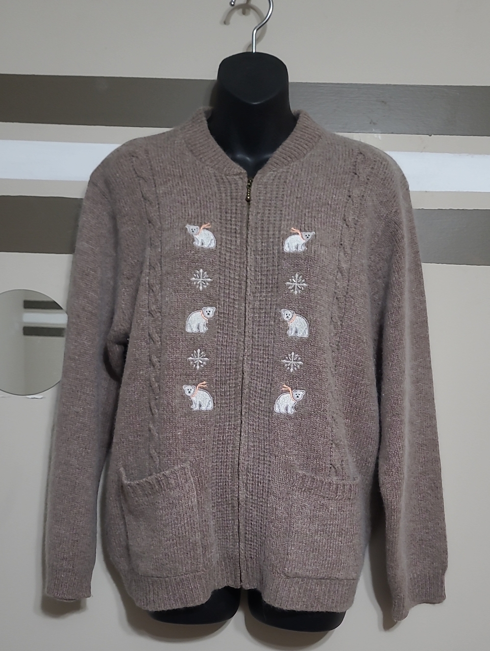 Vintage Tabi Taupe Full-Zip Polar Bear Wool/Angora Cardigan Sweater Sz Med